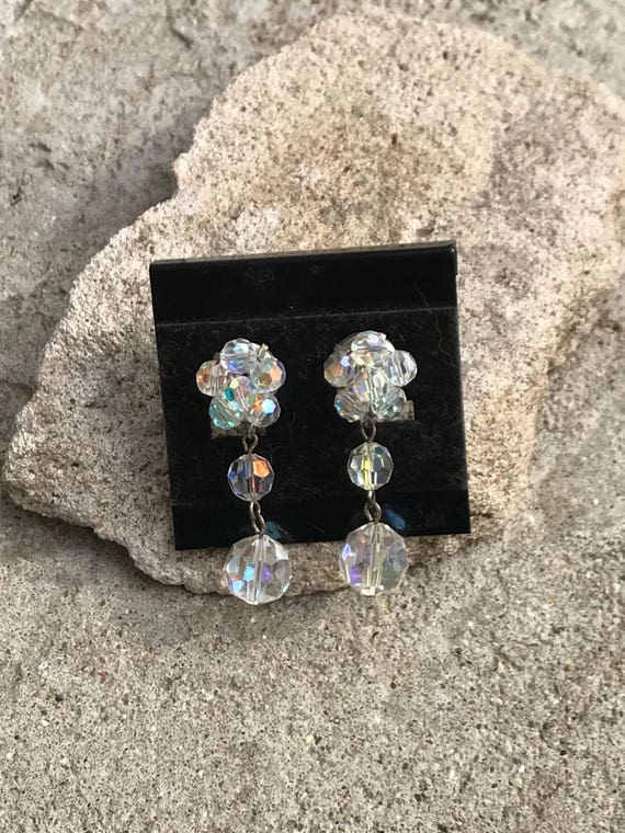 Vintage Glass Beaded Earrings Aurora Borealis Glass Beaded Clip On Earrings Wedding Jewelry