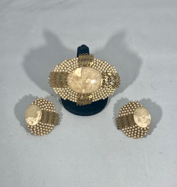 Vintage Antique Gold Brooch and Earring set with Pearls and Stone Cabochon