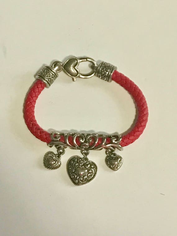 Vintage Red Rope Bracelet Silver Heart Charms Ornate Detail Valentines Day