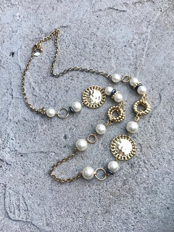 Vintage Chicos Gold and Pearl Long Chain Necklace… - image 1