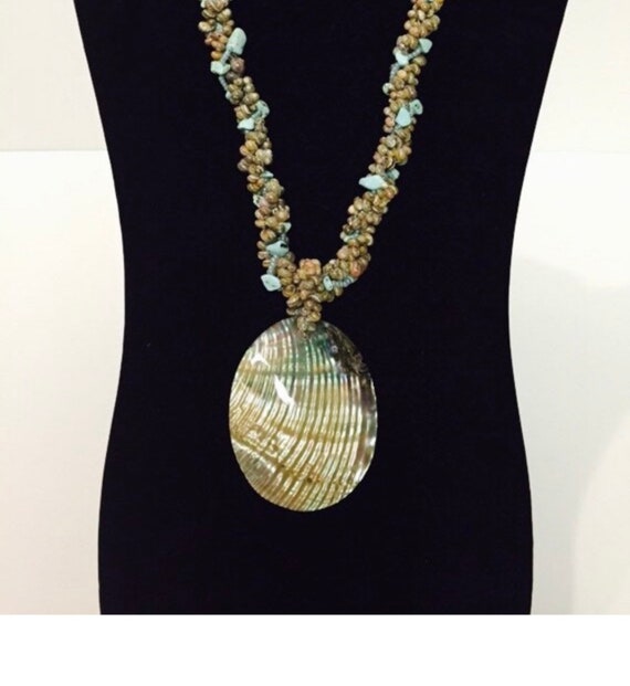 Turquoise and Shell Beaded Necklace with Large Abalone Shell Pendant Summer Necklace