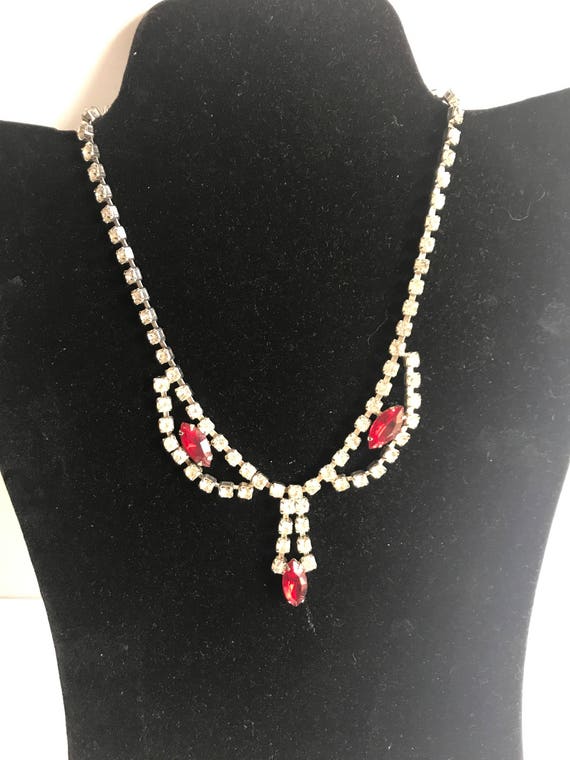 Vintage Clear and Red Rhinestone Necklace Wedding… - image 1
