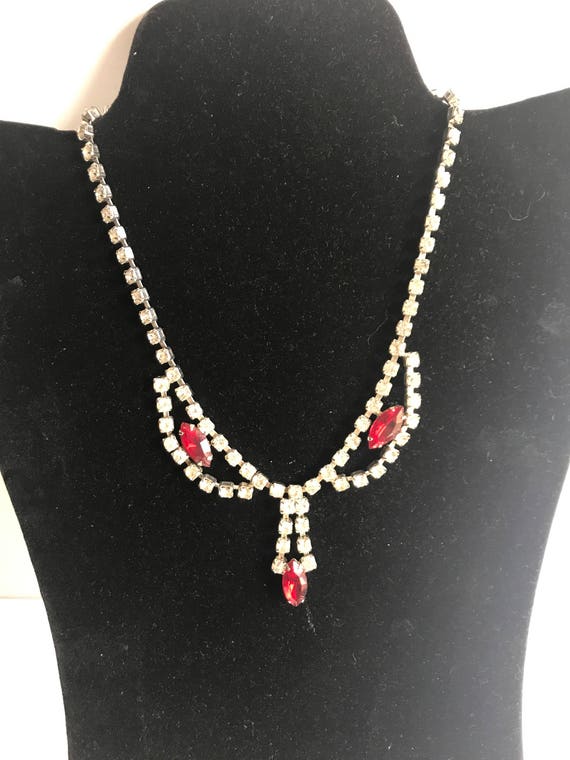 Vintage Clear and Red Rhinestone Necklace Wedding Prom Holiday Party Gorgeous