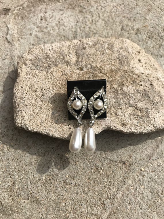 Pearl and Rhinestone Wedding Earrings Dangle Weddi