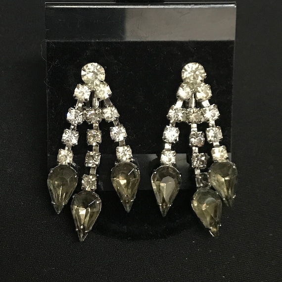 Vintage Rhinestone Earrings Clear and Smoky Colored Rhinestone Earrings Clip On GORGEOUS