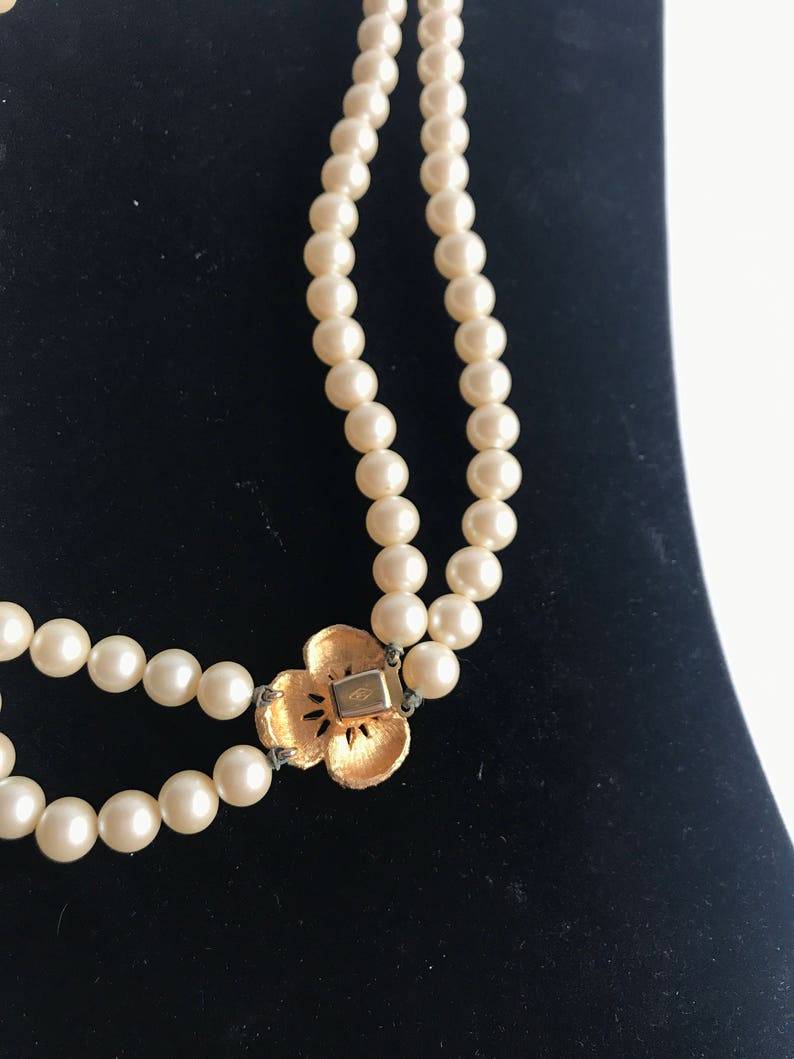 Vintage Heisey Pearl Necklace Double Strand Gold Flower Clasp Etsy