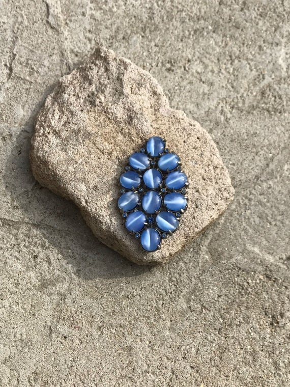 Vintage Marbled Blue Glass and Blue Rhinestone Br… - image 3