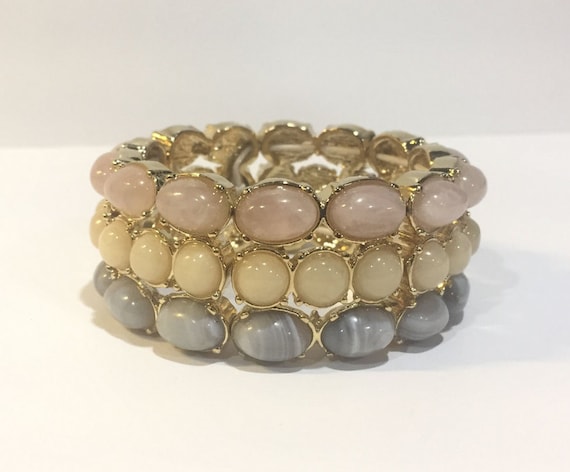Vintage Gold and Glass Cabochon Stretch Bracelet Ann Taylor Pink Cream Blue Glass Cabochon Beautiful Dressy Bracelet