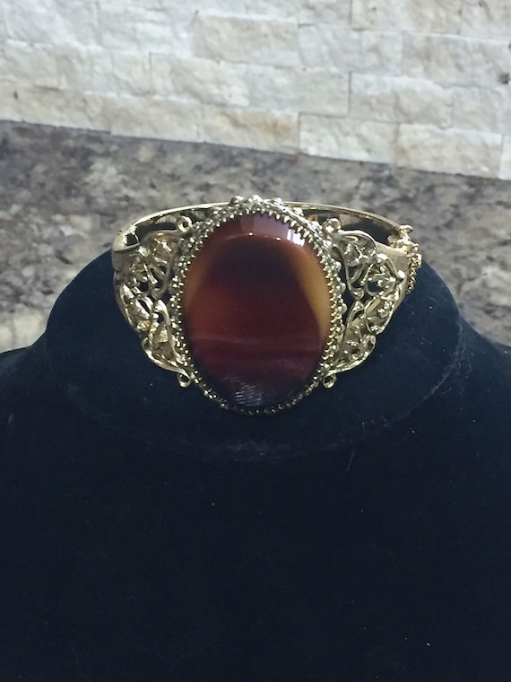Vintage Whiting and Davis Agate and Goldtone Bracelet Designer Signed Ornate Detail Gorgeous Vintage