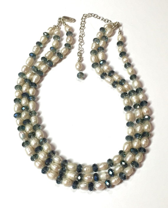 Vintage 3 Strand Freshwater Pearl and Swarovski Crystal Beaded Necklace