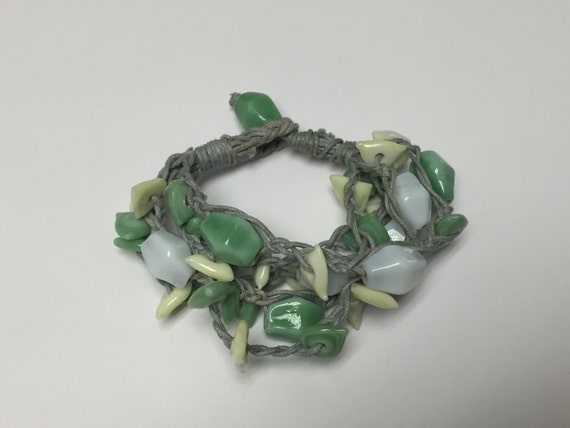 Glass Beaded Woven and Braided 5 Strand Bracelet Jade, White and Light Yellow Glass Beads