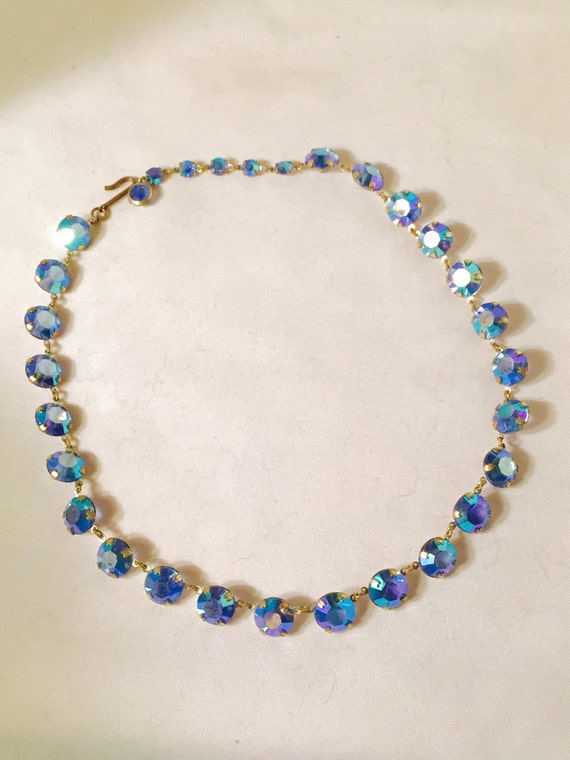 Vintage Blue Rhinestone Necklace Aurora Borealis Wedding Bridesmaid Special Occasion