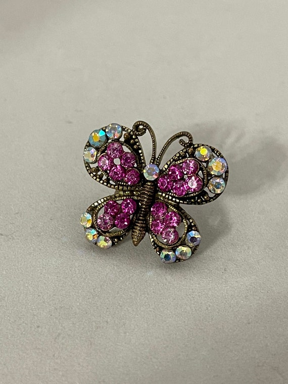 Vintage Rhinestone Butterfly Ring Fuchsia and Aurora Borealis Rhinestone Butterfly Ring Size 7 Adjustable