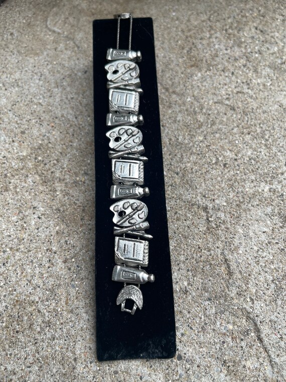 Vintage Silver Charm Bracelet Artist Painter Theme Sliding Charm Bracelet