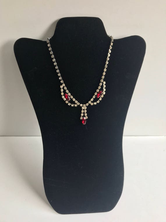 Vintage Clear and Red Rhinestone Necklace Wedding… - image 2
