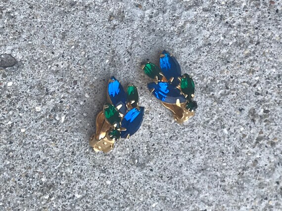 Vintage Blue and Green Rhinestone Earrings Rhinestone Clip On Earrings Gorgeous