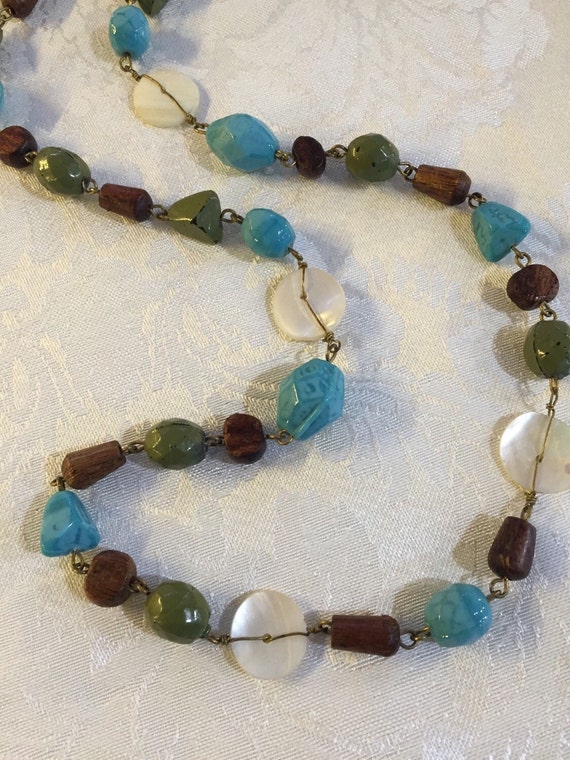 Vintage Glass Bead, Wood, and Mother of Pearl Necklace