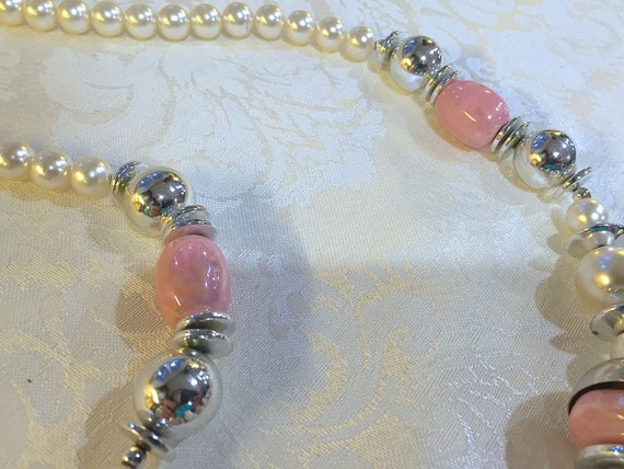 Vintage Pearl and Beaded Necklace Pink and Silver… - image 3