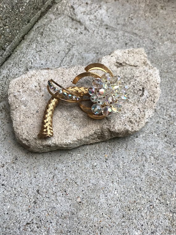 Vintage Rhinestone and Glass Bead Palm Tree Gold Brooch Aurora Borealis Rhinestones Clear Glass Beads Gorgeous Brooch Summer Palm Tree