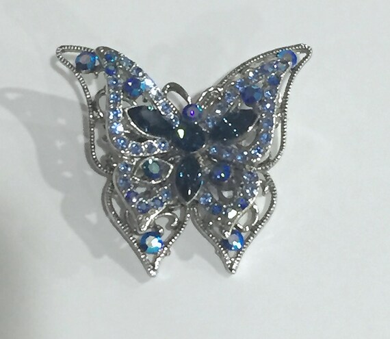 Vintage Butterfly Brooch Rhinestone Butterfly Gorgeous Light and Dark Blue Rhinestones Great Condition