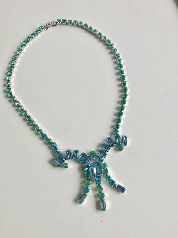 Vintage Teal and Light Blue Rhinestone Necklace GO