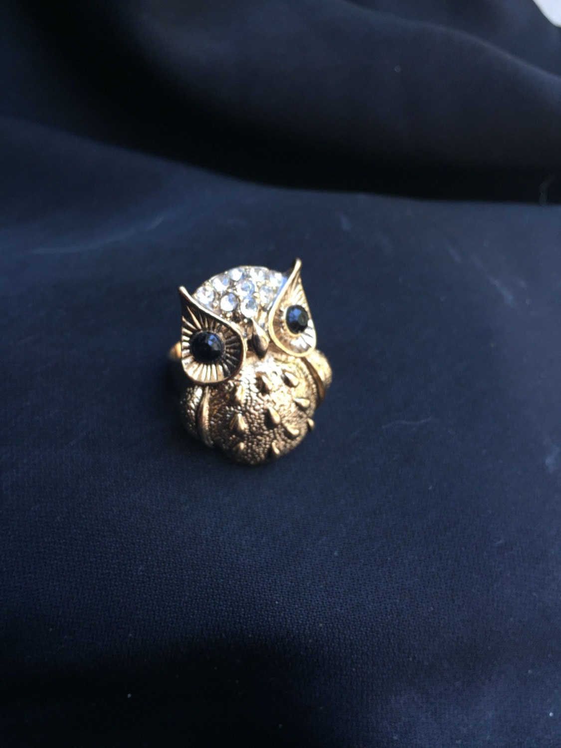 Vintage Gold Owl Ring Size 6 Gold Owl Clear Rhinestones Black Eyes