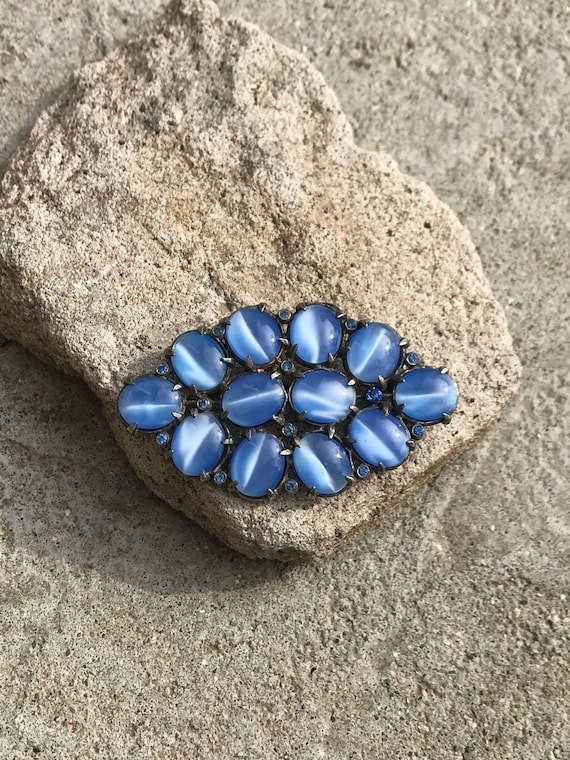 Vintage Marbled Blue Glass and Blue Rhinestone Br… - image 1
