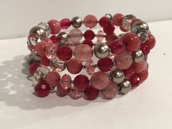 Vintage Red Pink Silver Glass Beaded Memory Wrap … - image 1