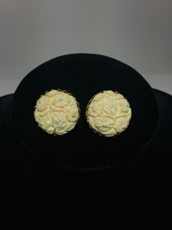 Vintage Celluloid Carved Flower Earrings Celebrity Carved Flowers Intricate Detail Clip On