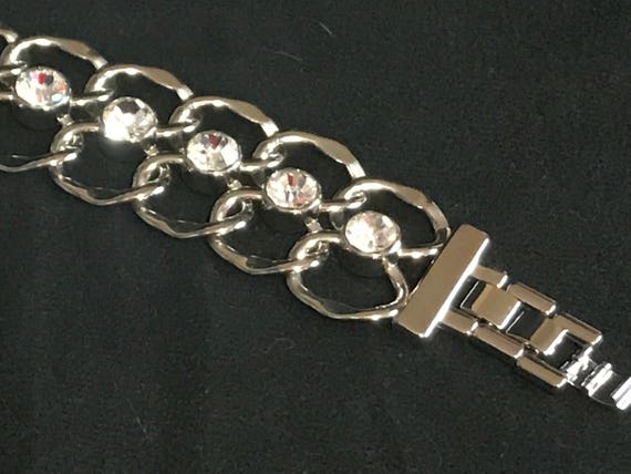 Vintage Large Rhinestone and Silver Bracelet Clear Rhinestone Bracelet Wedding Bridesmaid Party Bracelet