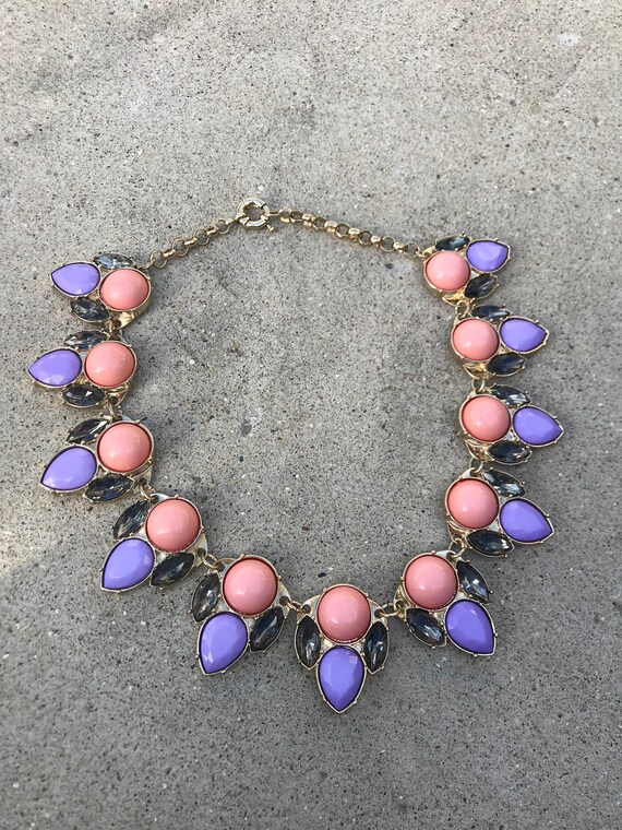 Vintage Large Rhinestone and Plastic Cabochon Statement Necklace Orange and Lavender