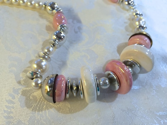 Vintage Pearl and Beaded Necklace Pink and Silver… - image 1