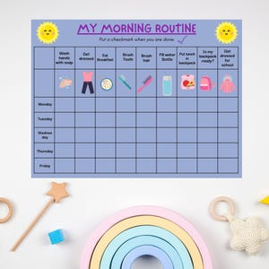 Puede incluir: Un cuadro azul de rutina matutina con el texto "MY MORNING ROUTINE" e ilustraciones para cada tarea. Incluye espacios para de lunes a viernes. Presenta un gráfico de sol sonriente en la parte superior.