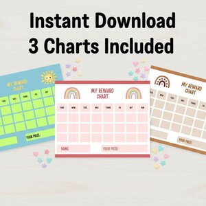 Printable Reward Chart for Kids, sticker chart, Toddler Chore Chart, pack of 3, free sticker sheet, potty training reward chart