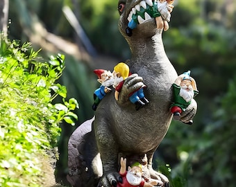 Dinosaur Eating Gnome Statue | Funny Garden Resin Decor