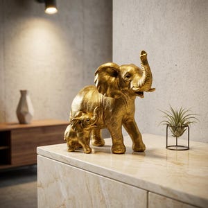 May include: A metallic gold-colored sculpture depicting a large adult elephant standing beside a smaller baby elephant. Both elephants have textured skin, large ears, and trunks raised upward. The sculpture is a single, unified piece.