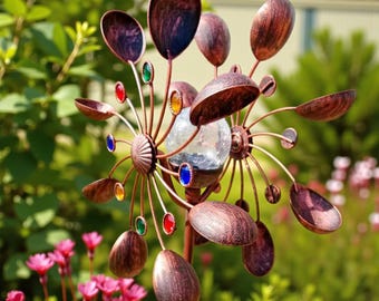 Handmade Copper Wind Spinner | Kinetic Garden Sculpture With Solar