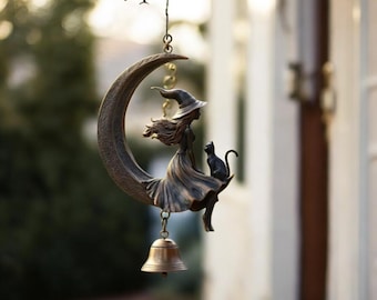Carillón de viento de bruja / Decoración de jardín de gato negro de Halloween