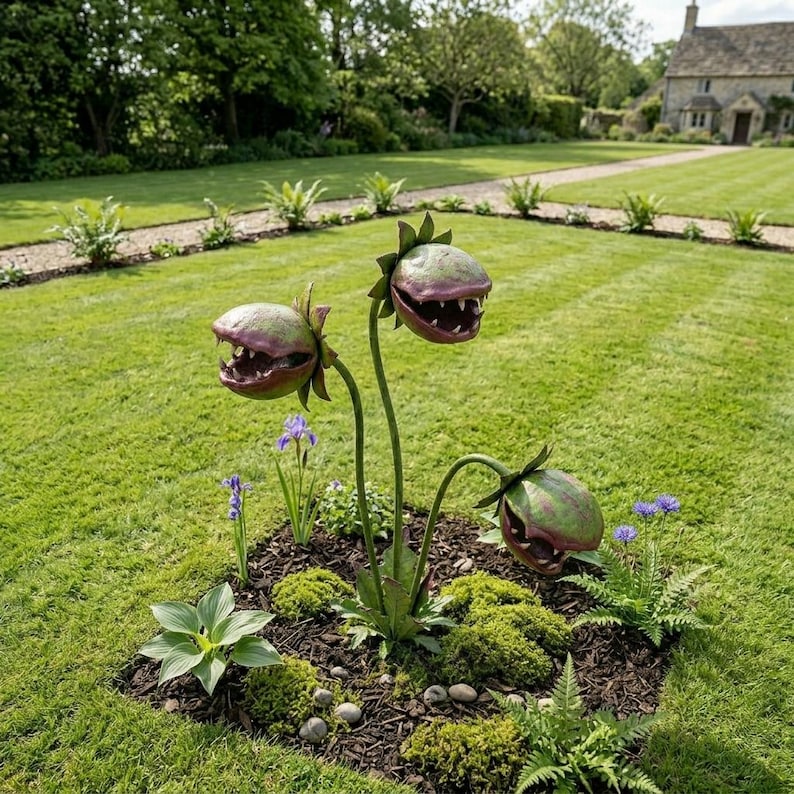 May include: A unique garden sculpture featuring three stylized carnivorous plants with open mouths and sharp teeth. The plants have green stems and purple and green flower heads, set in a garden bed with moss and small stones.