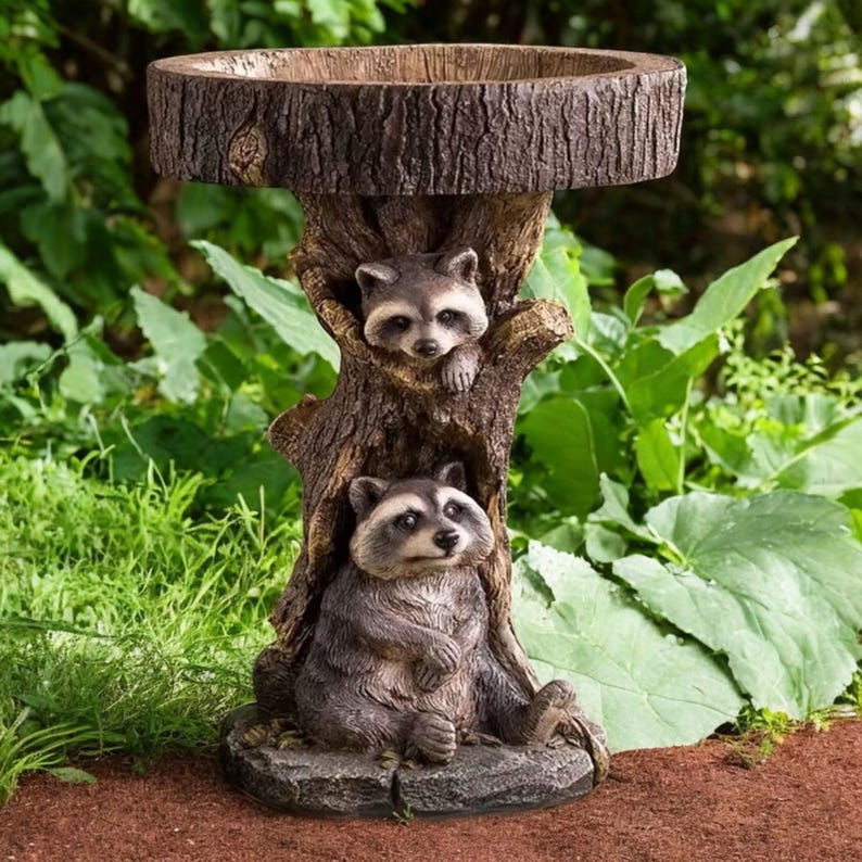 Resin Raccoon Bird Bath | Antique Style Garden Sculpture | Whimsical ...