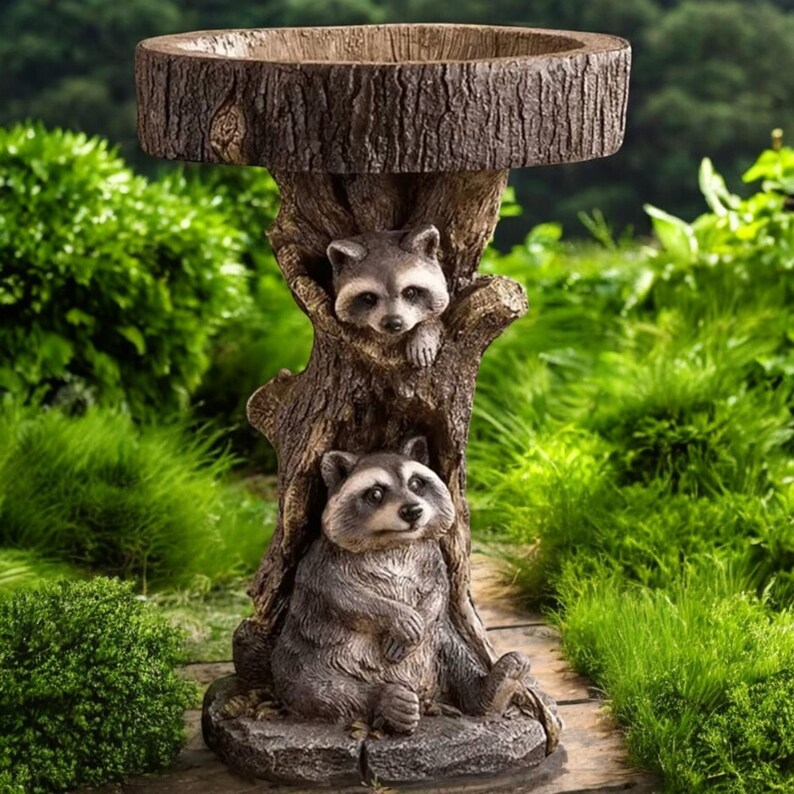 Resin Raccoon Bird Bath | Antique Style Garden Sculpture | Whimsical ...