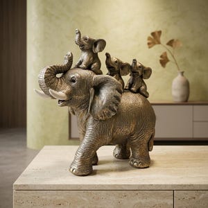 May include: A bronze-toned sculpture of a large elephant with its trunk raised, carrying three smaller elephant figurines on its back. The large elephant features textured skin and smooth, off-white tusks, while the smaller elephants are positioned in a row along its spine.