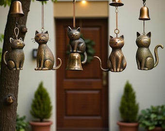 Carrillón de viento con forma de gato de bronce / Campana de jardín vintage