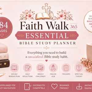 Peut inclure: Un planificateur d'étude biblique Faith Walk 365 Essential de 184 pages, avec une pile de trois livres intitulés Be Still, Pray Always et Trust in Him, une tasse avec un cœur et des icônes pour les plans de lecture et les suivis.