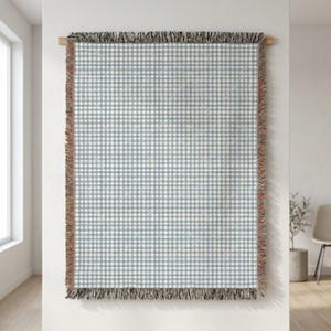 Blue Gingham Woven Throw Blanket Cottagecore Coastal Home Decor Cotton Fringe Sofa Blanket Farmhouse Gift Modern Plaid Throw Unisex Gift