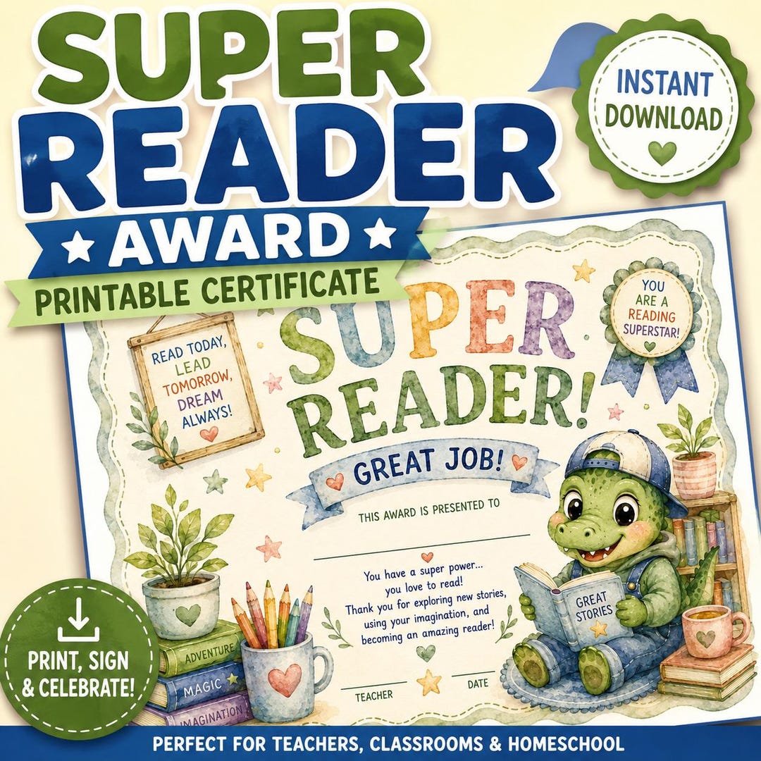 Super Reader Award Certificate | Watercolor Gator, Books (instant ...