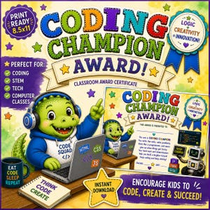 May include: A digital graphic featuring a green cartoon dinosaur wearing blue headphones and a hoodie, sitting at a laptop with HTML, CSS, and JS stickers. It includes a certificate titled Coding Champion Award, 8.5x11 inches, and a mug.