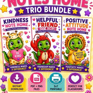 Peut inclure: Un ensemble numérique de trois cartes Positive Notes Home illustrées de créatures vertes costumées. Les cartes présentent des textes comme Kindness Note Home, Helpful Friend Note Home et Positive Attitude Note Home avec des icônes.
