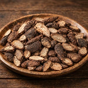 May include: A collection of dried, sliced brown root pieces piled in a shallow, round wooden bowl. The root slices have a dark, textured outer bark and a lighter, fibrous interior, showing irregular shapes and sizes throughout the heap.