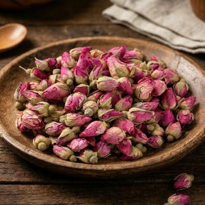 Może przedstawiać: Drewniana miska wypełniona suszonymi pąkami róż. Pąki są w żywym różowym i zielonym kolorze, o naturalnym, organicznym wyglądzie. Miska stoi na rustykalnej drewnianej powierzchni, sugerując naturalny lub ziołowy produkt.